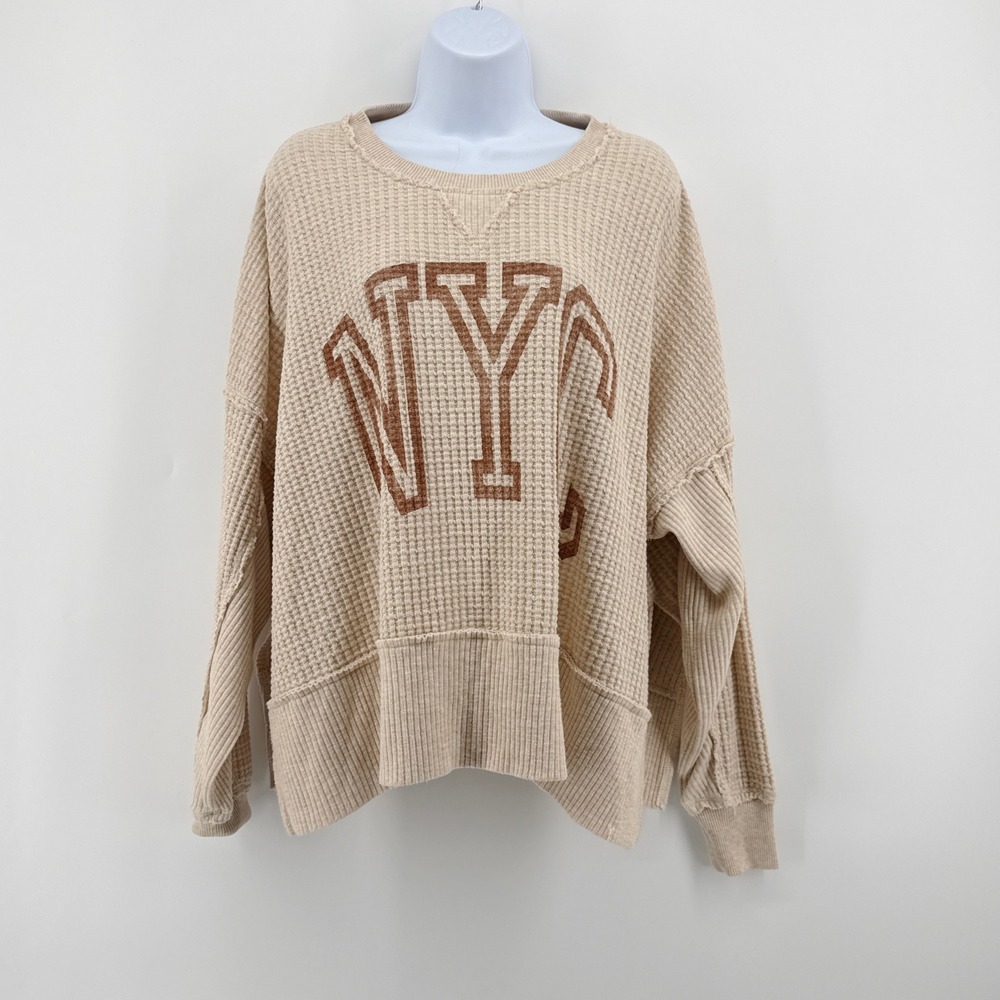 American Eagle Seriously Lived In Waffle Knit Sweatshirt NYC Graphic Tan XS